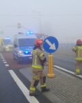 Na jezdni stoi patrol Policji i Ambulans. W tle dwóch strażaków i ratownik medyczny.